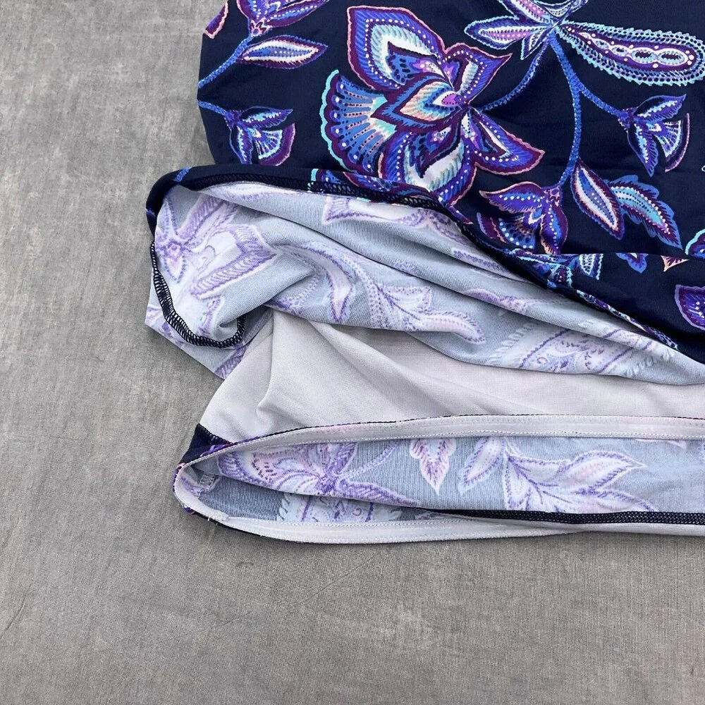 Lands End Tankini Top Women 6 Blue Purple Floral Paisely Layered Bra Wide‎ Strap